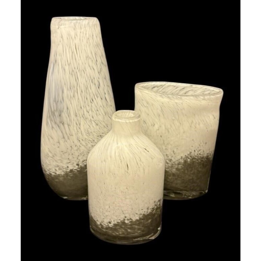 3pc Hand Blown Art Glass Vase Bottle Swirl White & Gray Mottled Set Heavy Decor